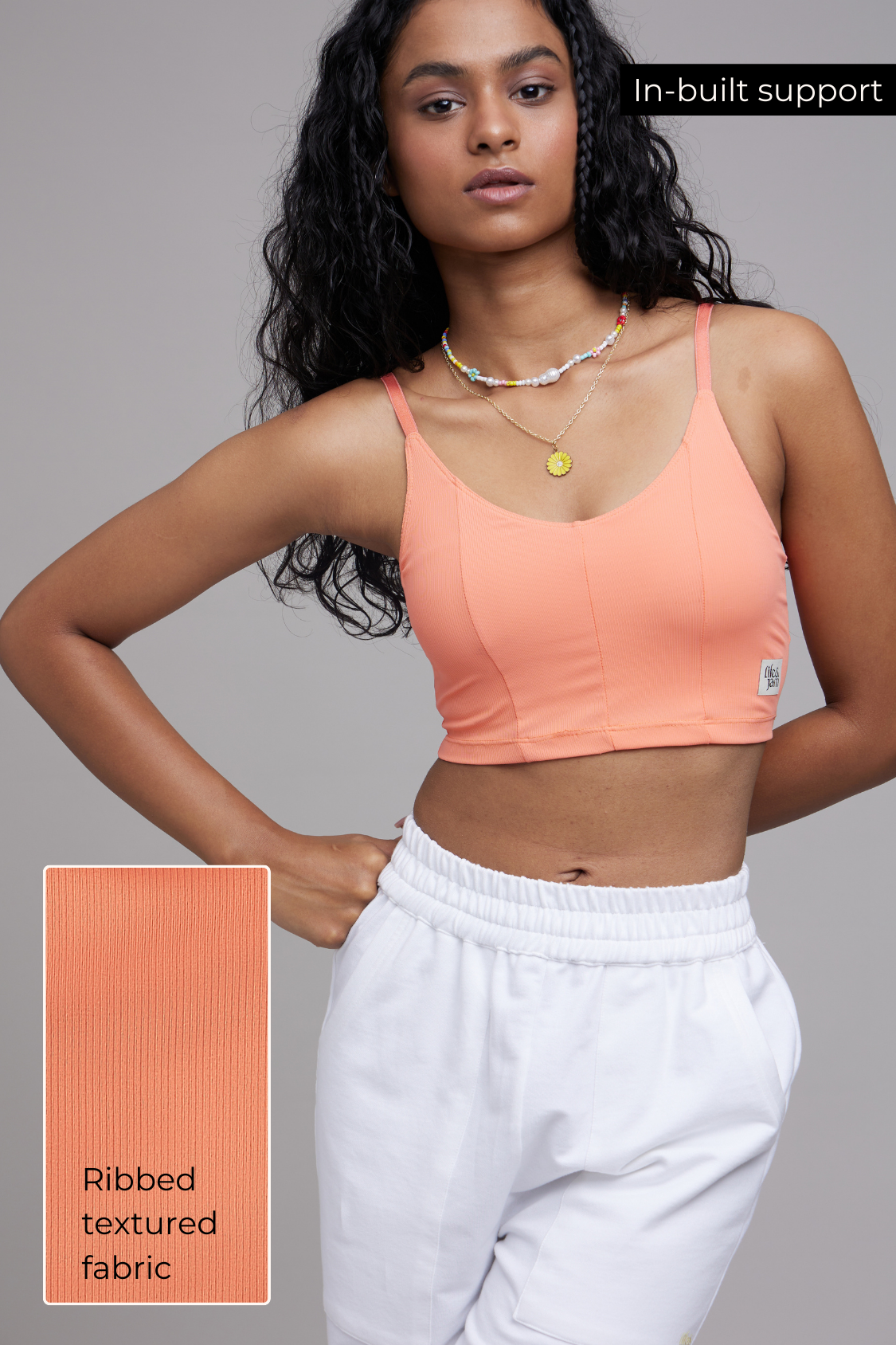 Buy Comfy Ribbed Long Sports Bra Top in Peach Online - Life & Jam
