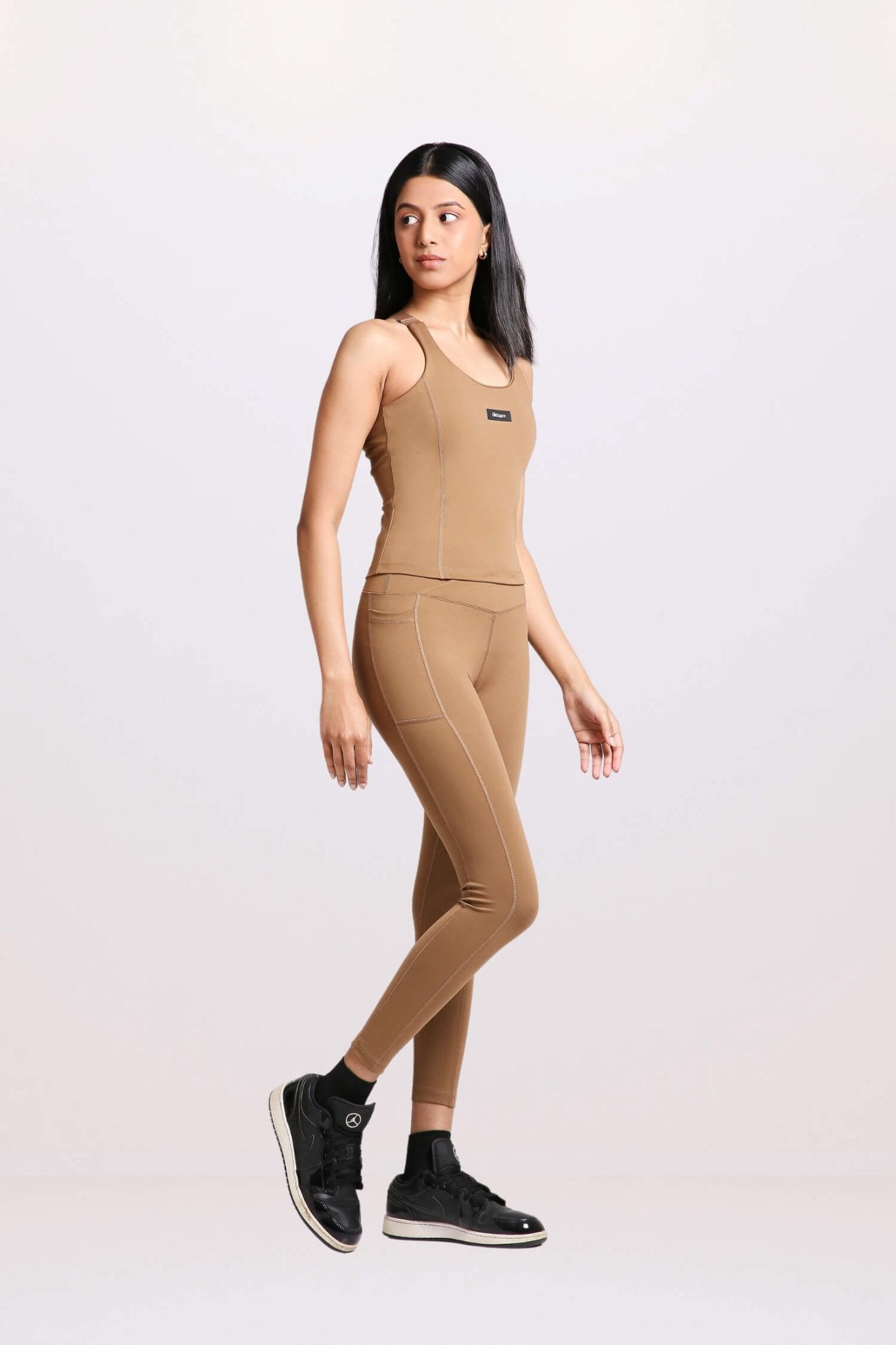 Co - ord Set: Good Girl Code Sports Bra & Cross - Leggings Set in Mountain Tan - Life & Jam