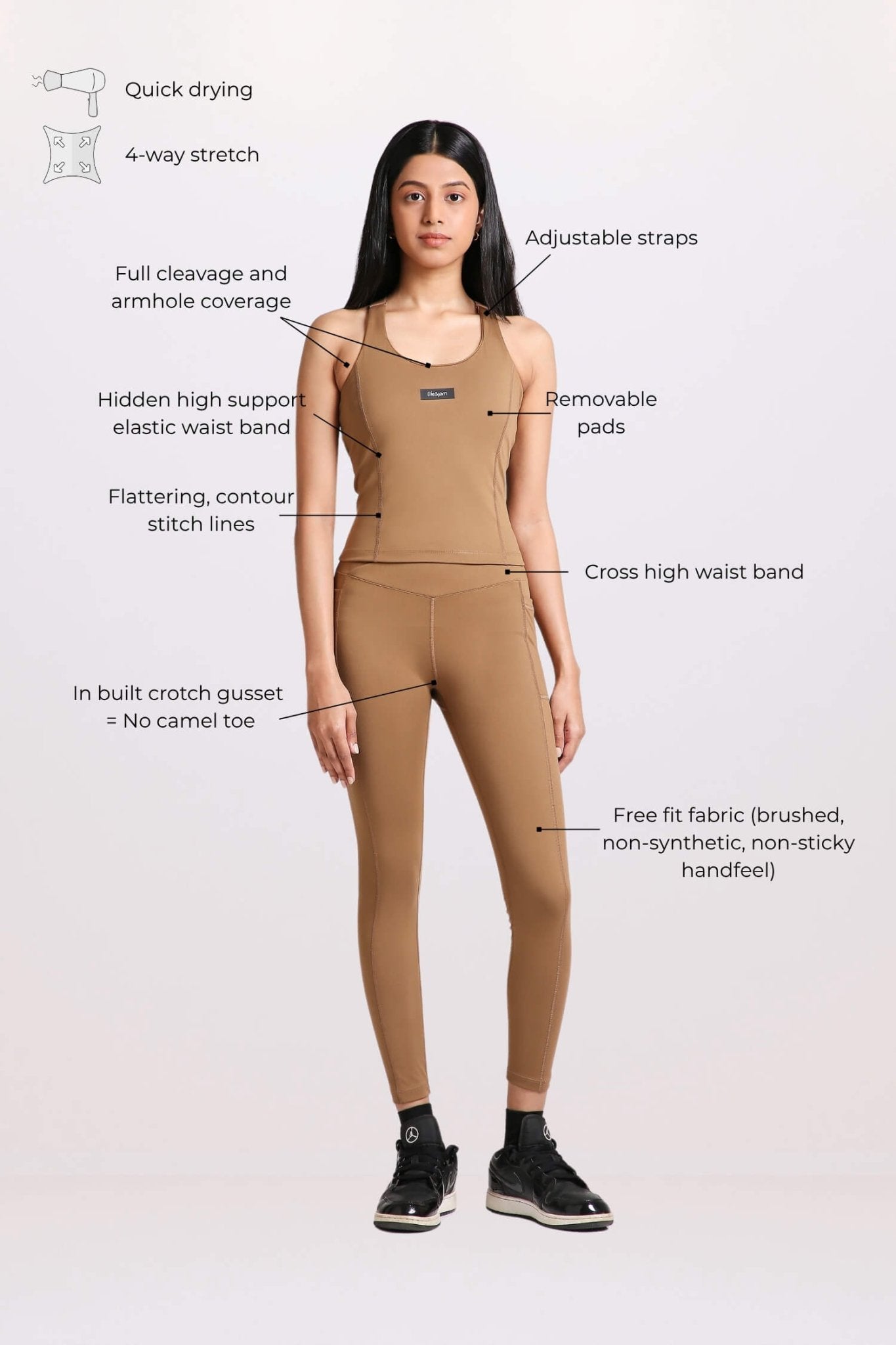 Co - ord Set: Good Girl Code Sports Bra & Cross - Leggings Set in Mountain Tan - Life & Jam