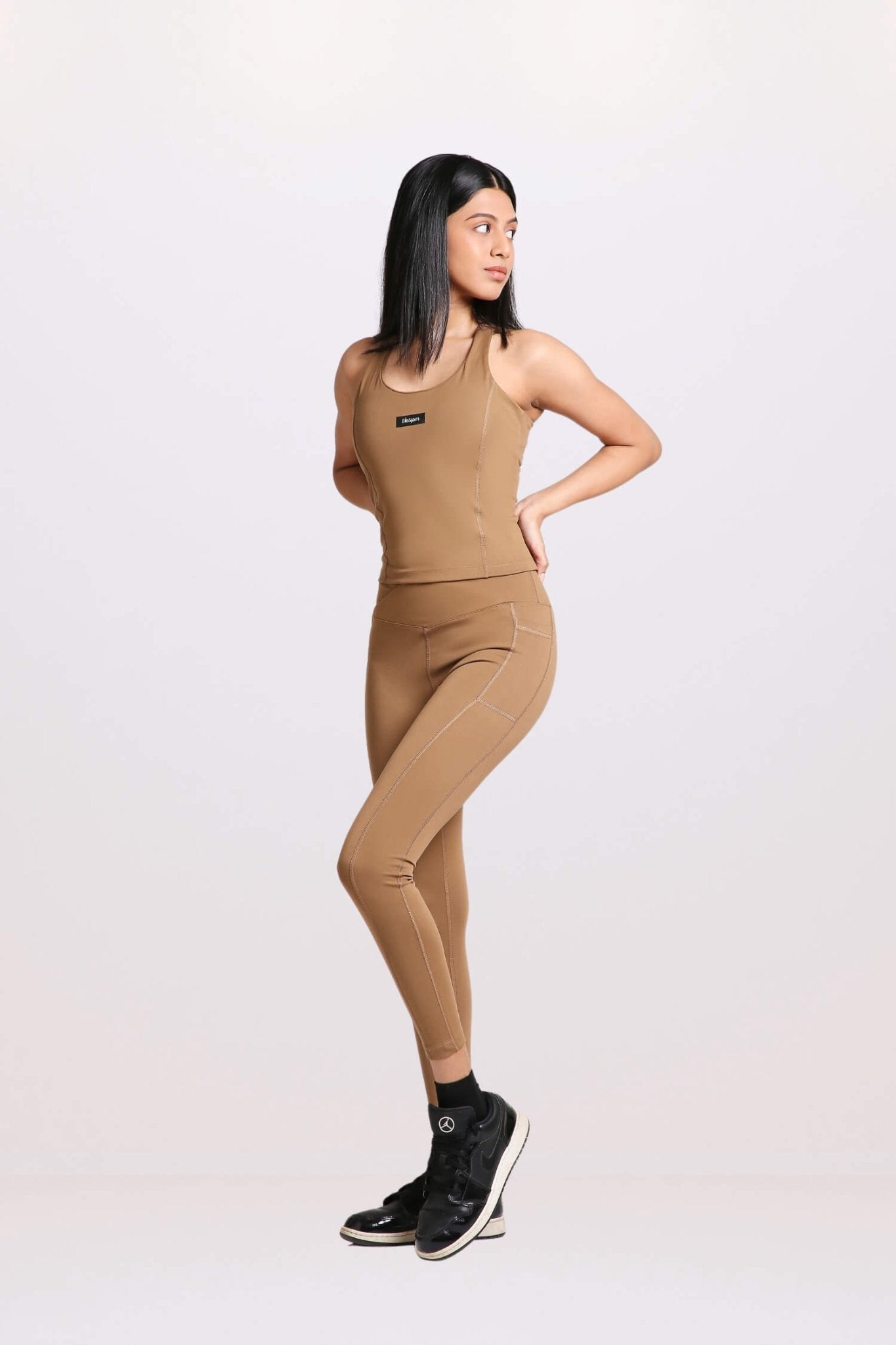 Co - ord Set: Good Girl Code Sports Bra & Cross - Leggings Set in Mountain Tan - Life & Jam