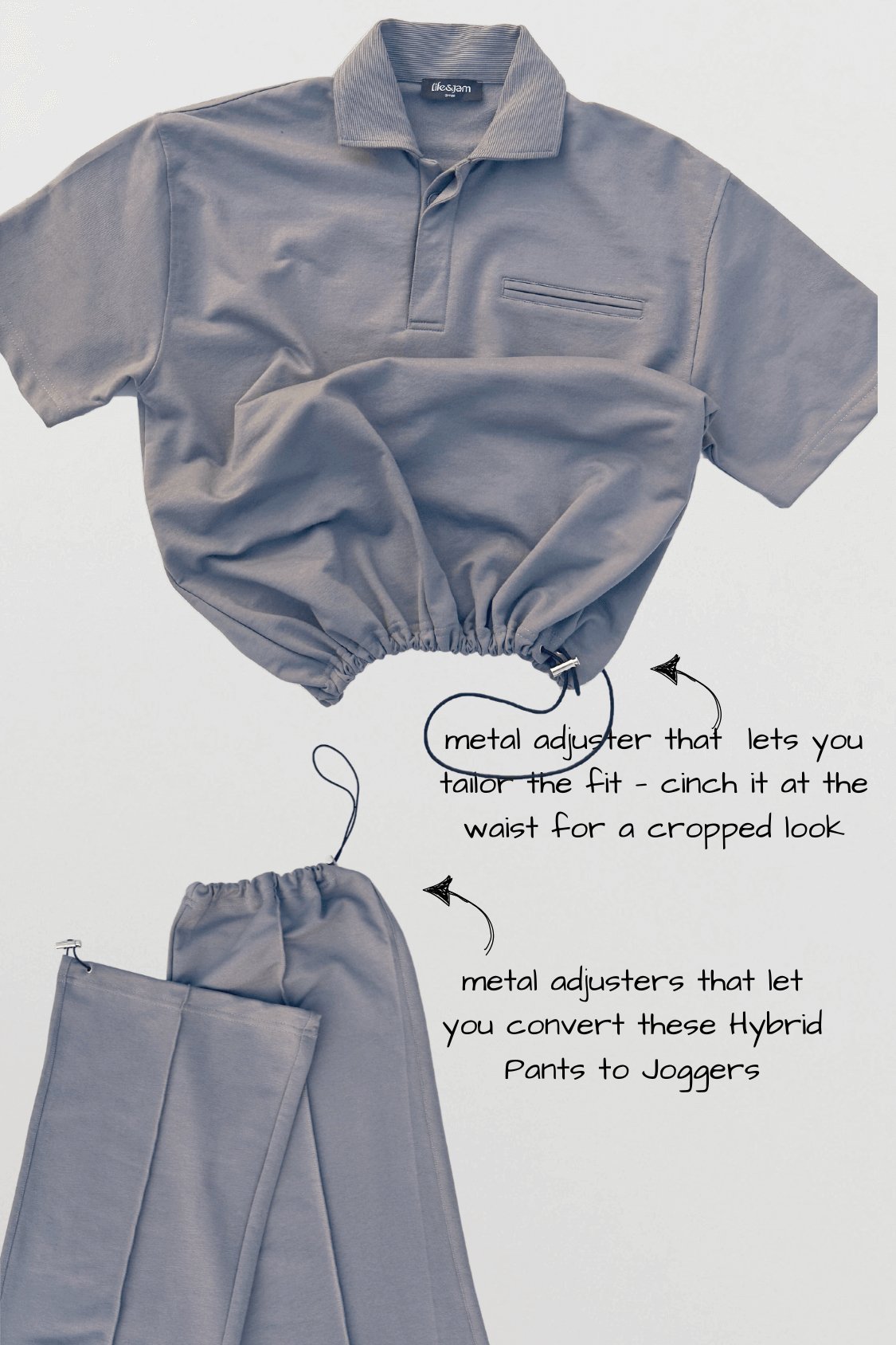 Co - ord Set: Hybrid Polo Tee & Pants in Grey - Life & Jam