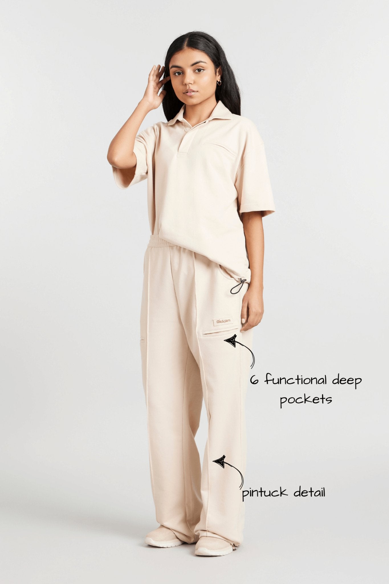 Co - ord Set: Hybrid Polo Tee & Pants in Marshmallow - Life & Jam