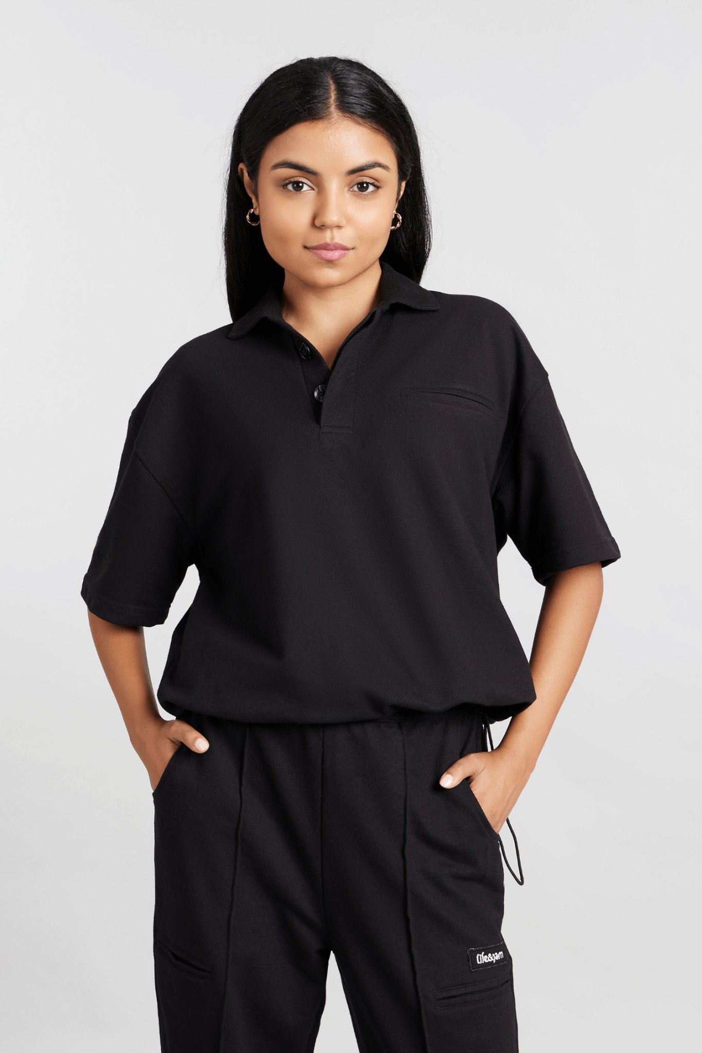 Co - ord Set: Hybrid Polo Tee & Pants in True Black - Life & Jam