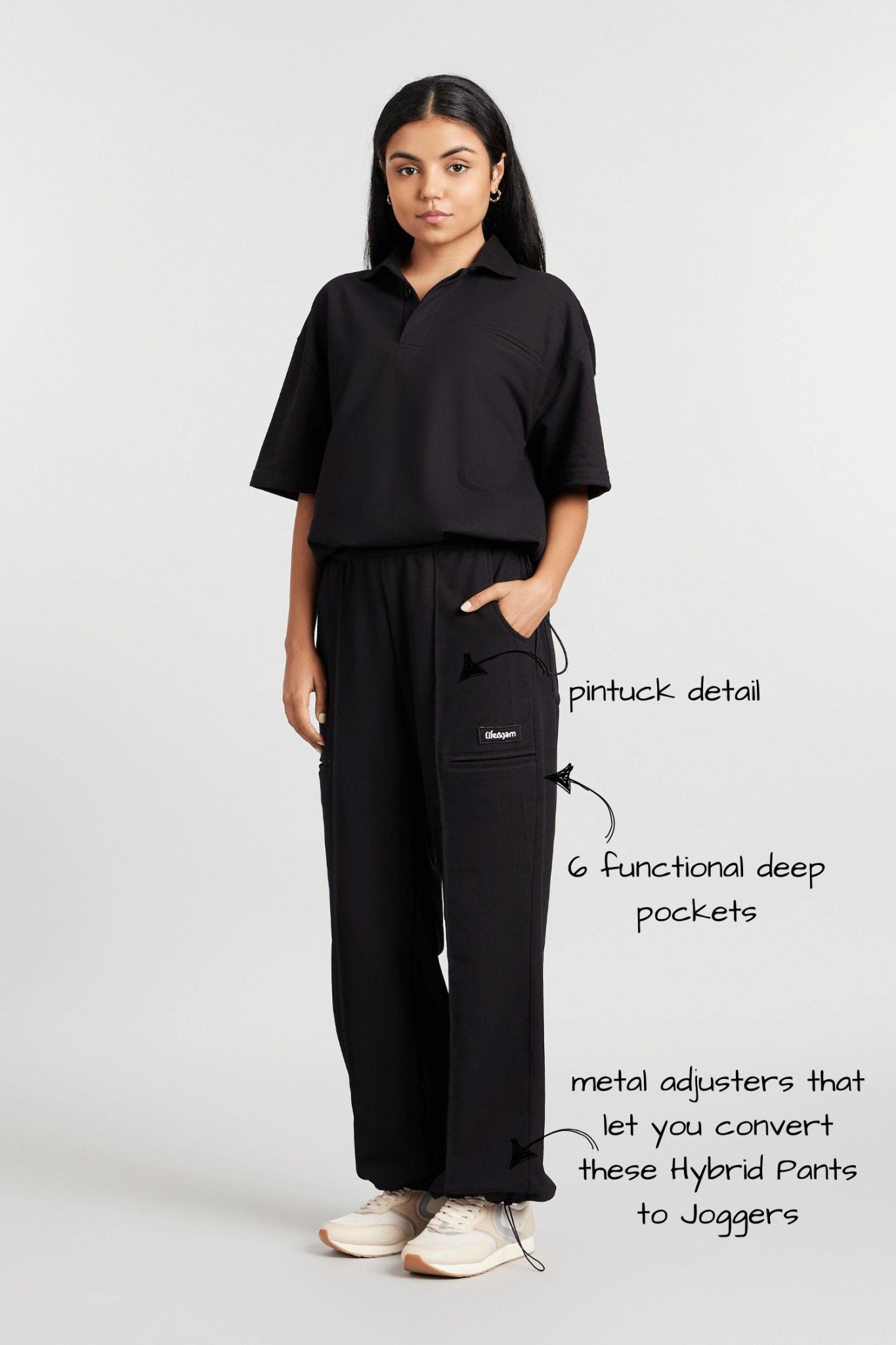 Co - ord Set: Hybrid Polo Tee & Pants in True Black - Life & Jam
