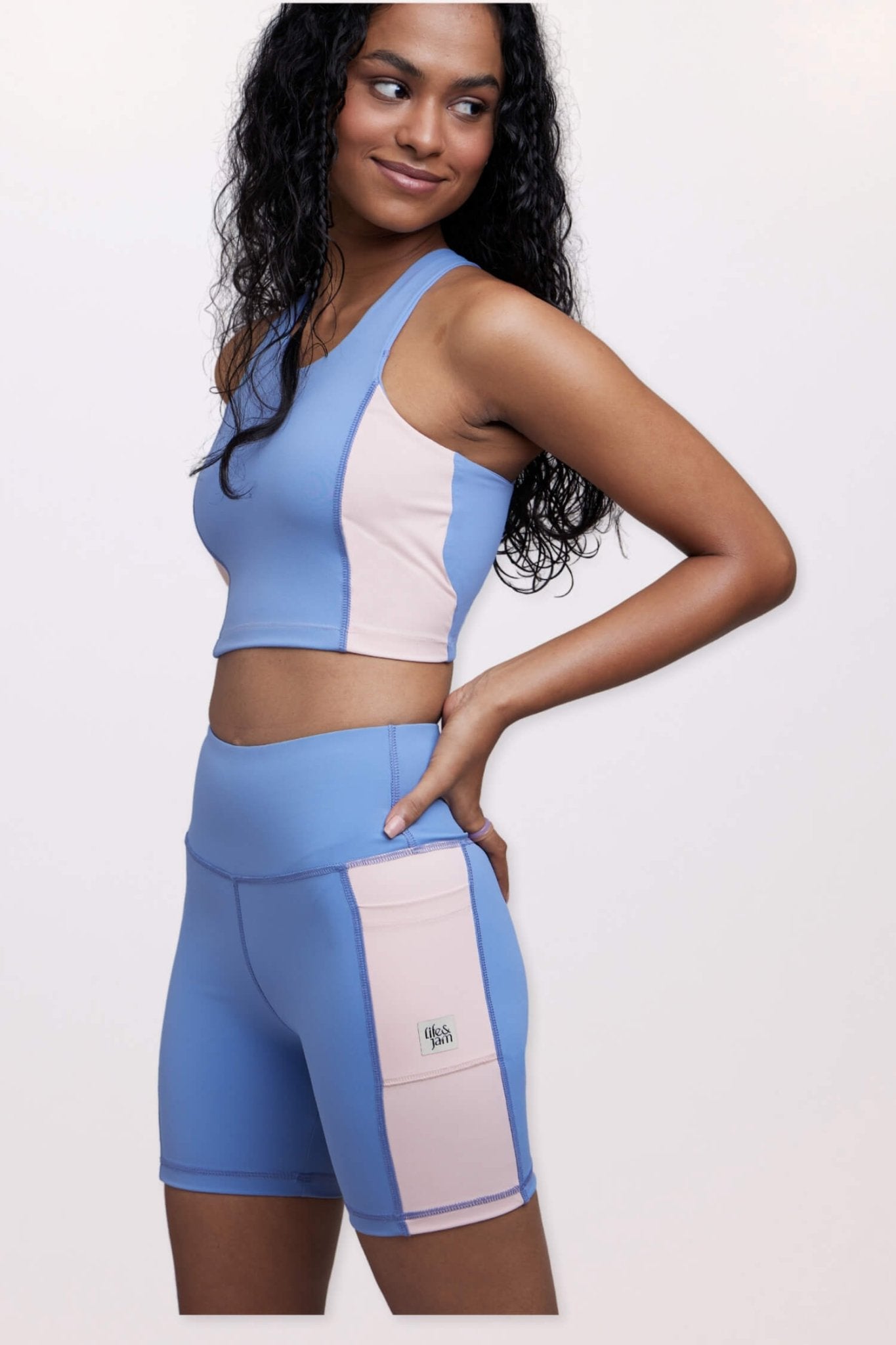 🍦Co - ord Set: Soft Girl Era Sports Bra + Shorts Set in Sunset Blue - Life & Jam