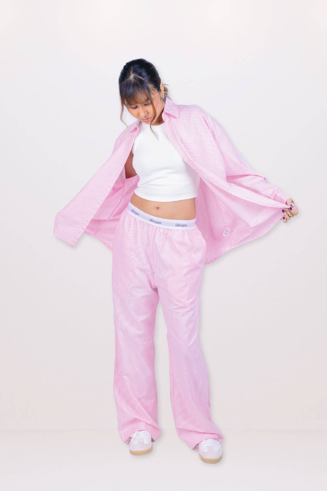 Co - ord Set: Summer Jam Shirt & Pants in Strippy Pink - Life & Jam