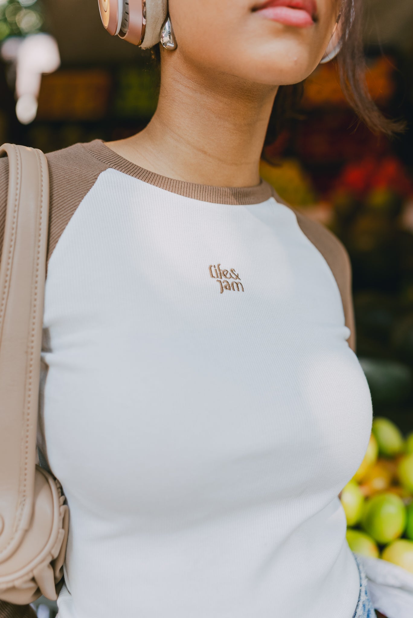 Long Sleeves Cozy Ribbed Tee in Tan & White - Life & Jam