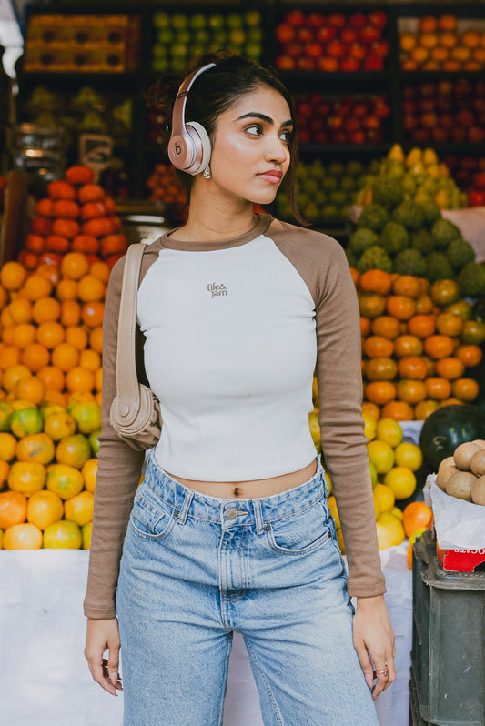 Long Sleeves Cozy Ribbed Tee in Tan & White - Life & Jam