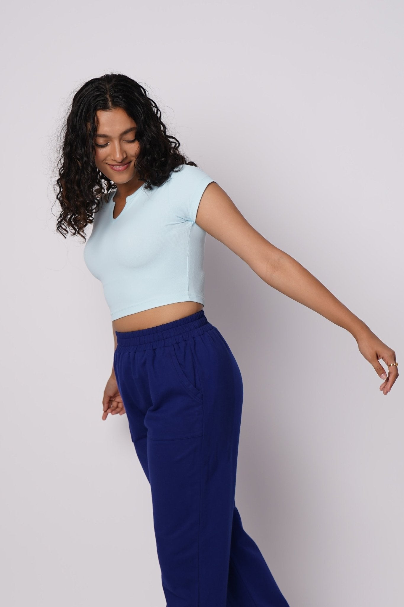 Waffle Sleeves Crop Top in Sky Blue - Life & Jam