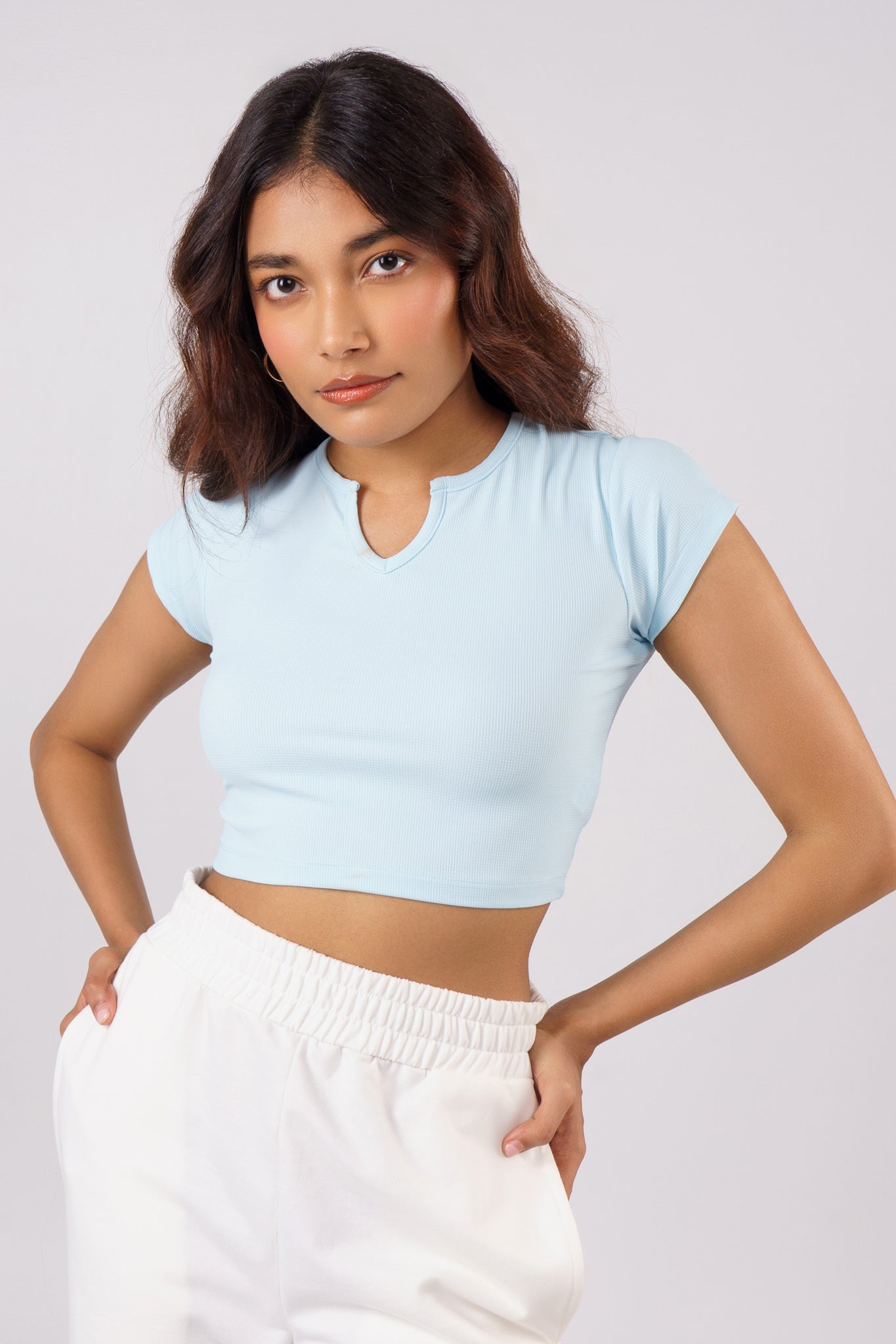 Waffle Sleeves Crop Top in Sky Blue - Life & Jam