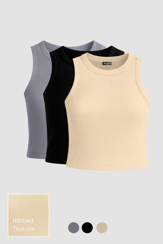 3 Pack: Free Spirit Ribbed Tank in Grey, Black & Marshmallow