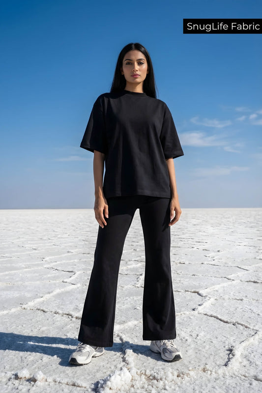 Co-ord Set: Oversized Tee & Chill Flares in True Black