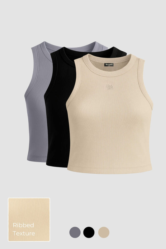 3 Pack: Free Spirit Ribbed Tank in Grey, Black & Marshmallow - Life & Jam