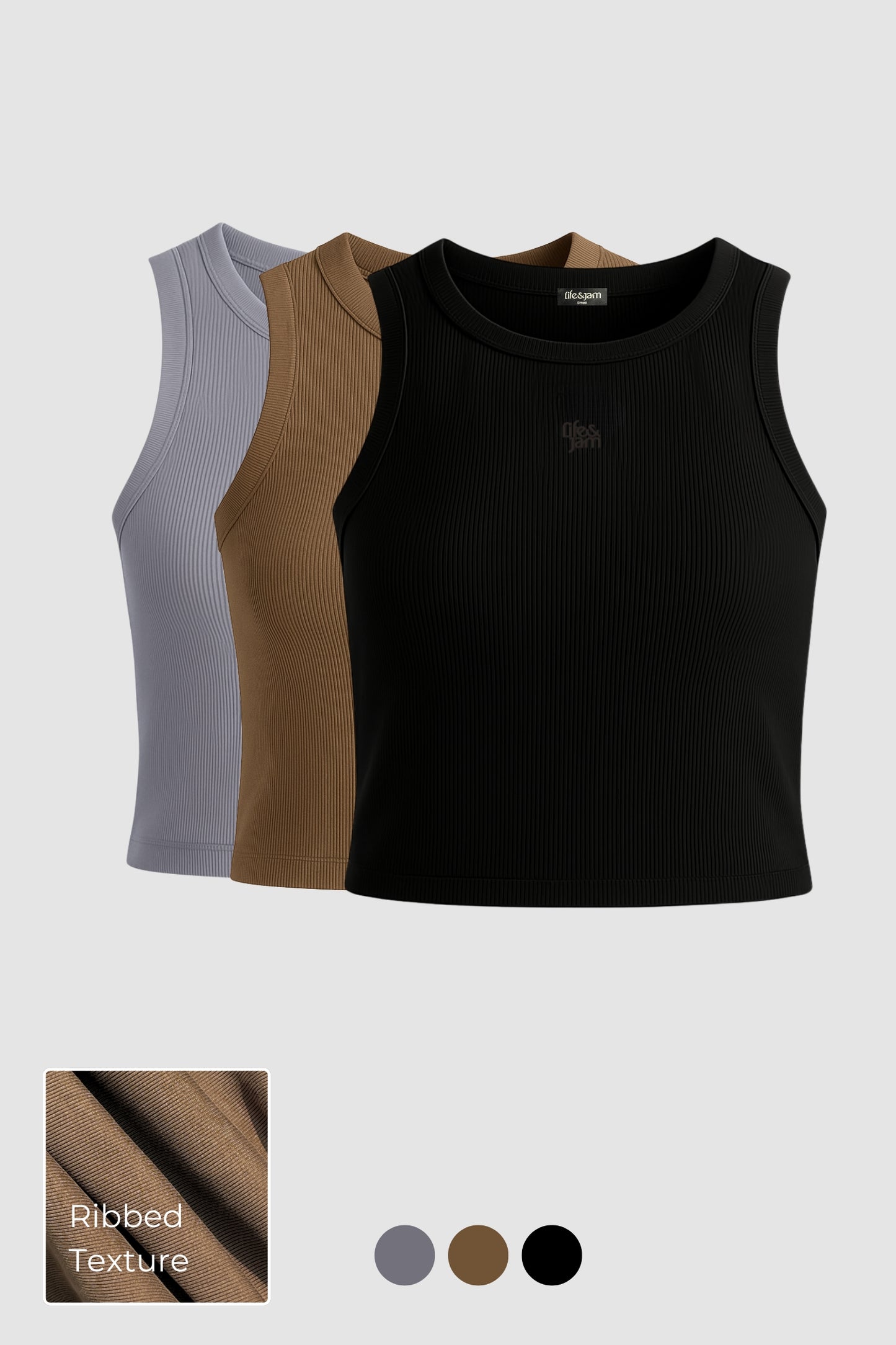 3 Pack: Free Spirit Ribbed Tank in True Black, Mountain Tan & Grey