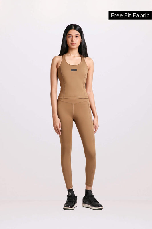 Co - ord Set: Good Girl Code Sports Bra & Cross - Leggings Set in Mountain Tan - Life & Jam