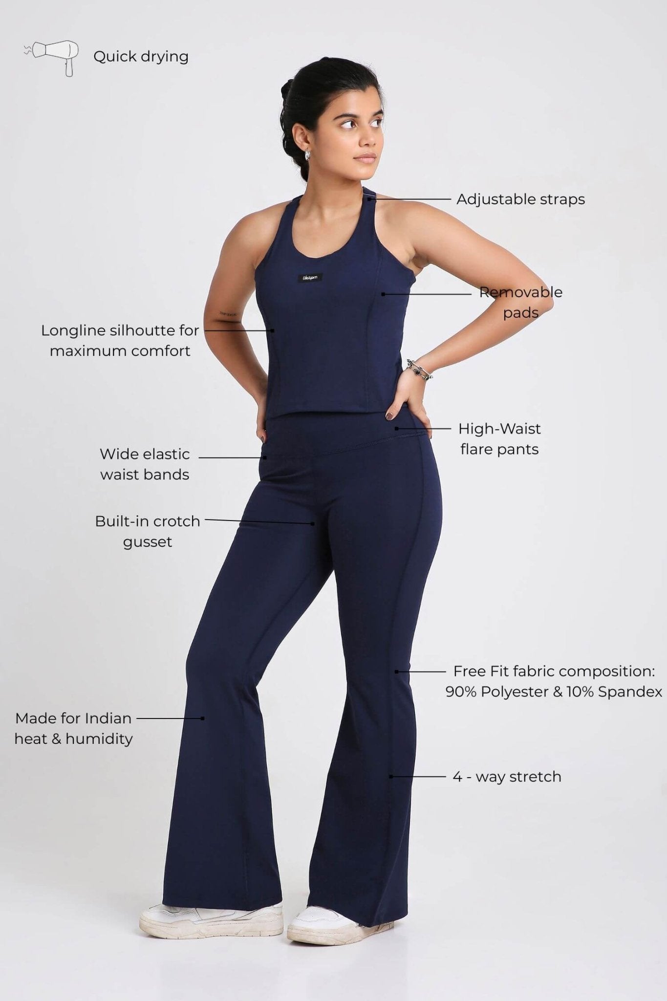 Co - ord Set: Good Girl Code Sports Bra & Flare Pants in Ink - Life & Jam