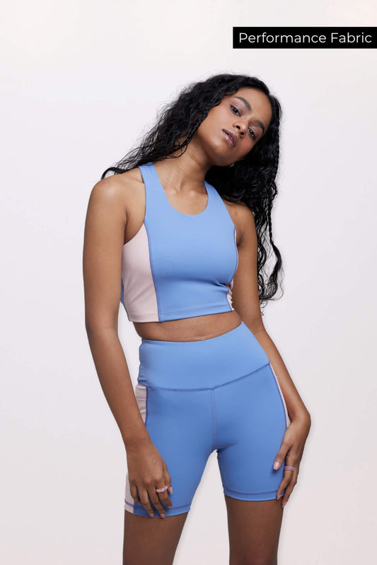 🍦Co - ord Set: Soft Girl Era Sports Bra + Shorts Set in Sunset Blue - Life & Jam