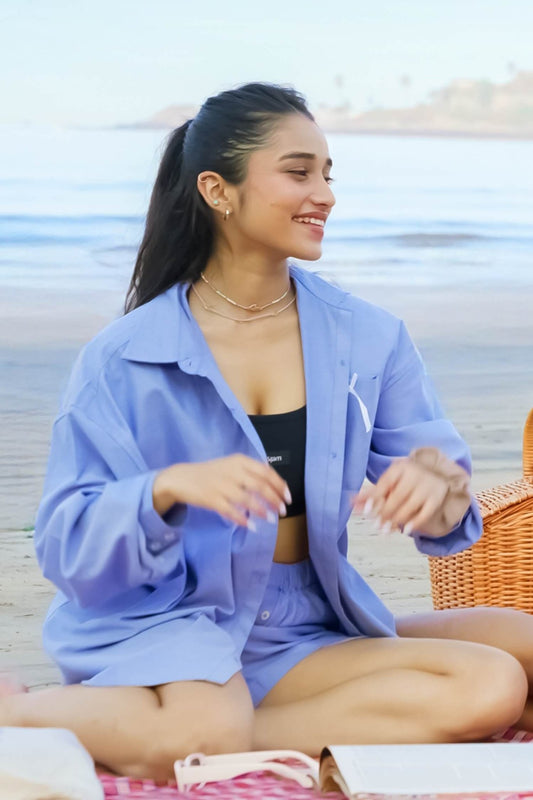 Co - ord Set: Throwover Shirt & Premium Cotton Shorts in Ocean Blue - Life & Jam