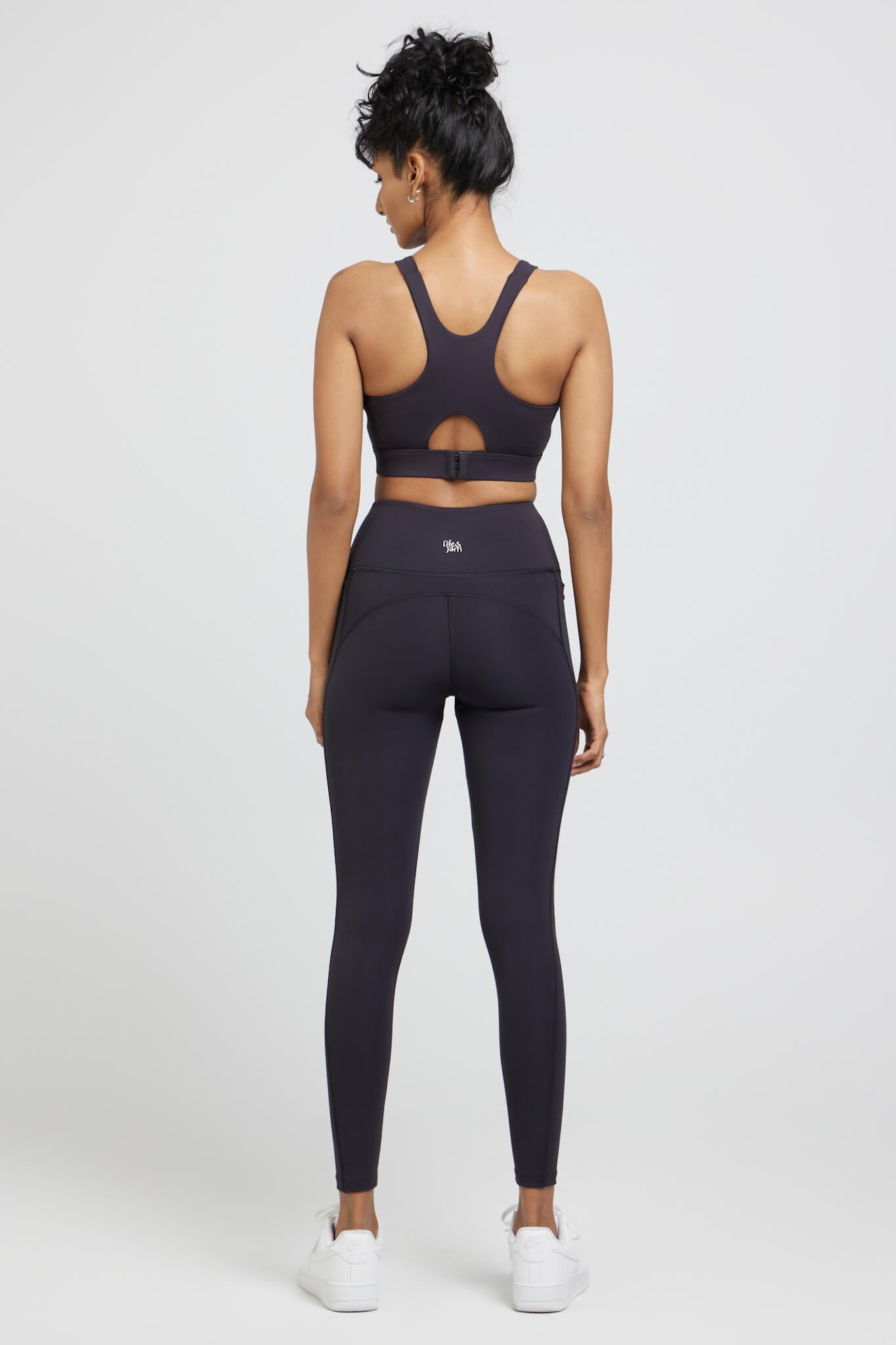 Back Open Freedom Sports Bra + Leggings in Charcoal - Life & Jam