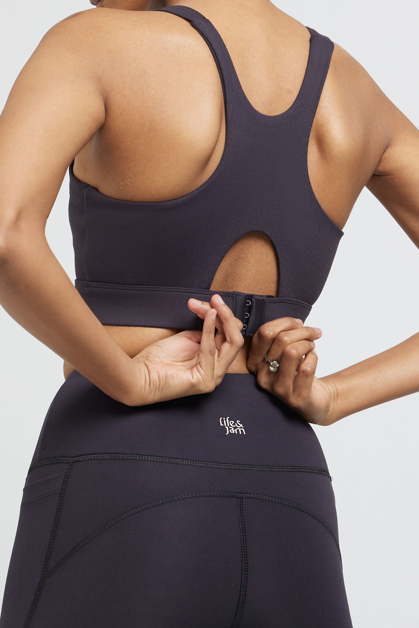 Back Open Freedom Sports Bra + Leggings in Charcoal - Life & Jam