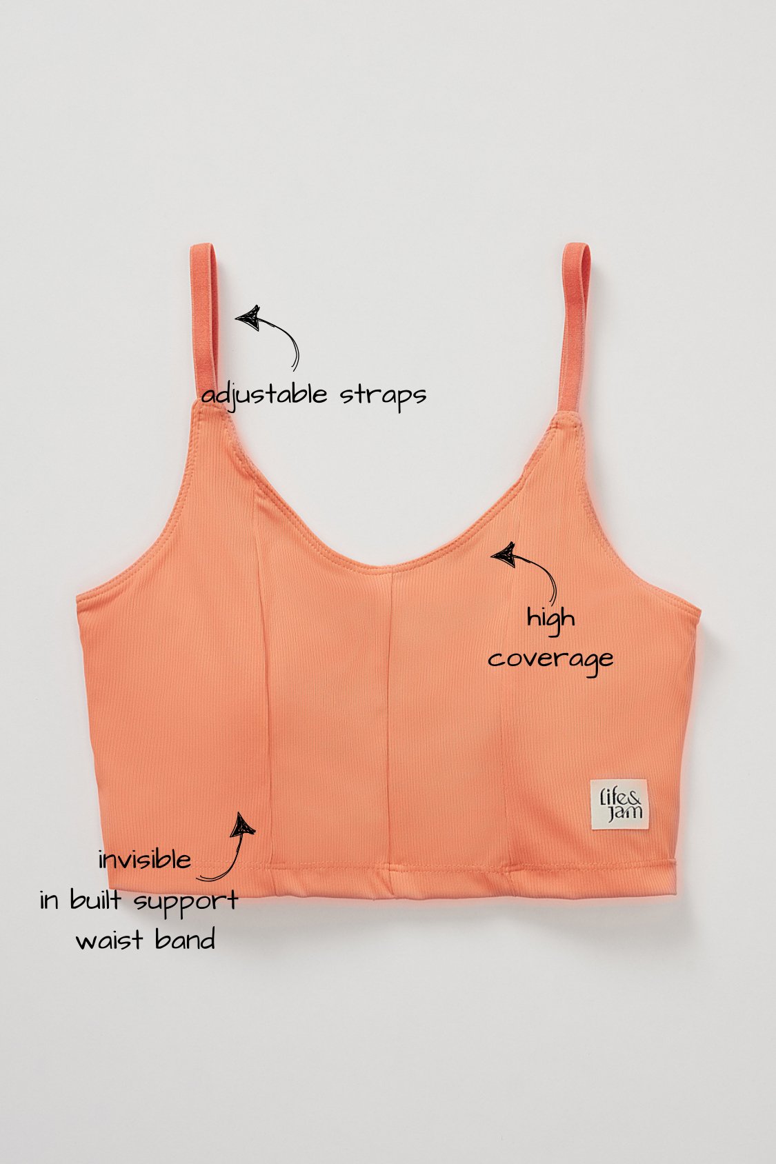 Buy Comfy Ribbed Long Sports Bra Top in Peach Online - Life & Jam