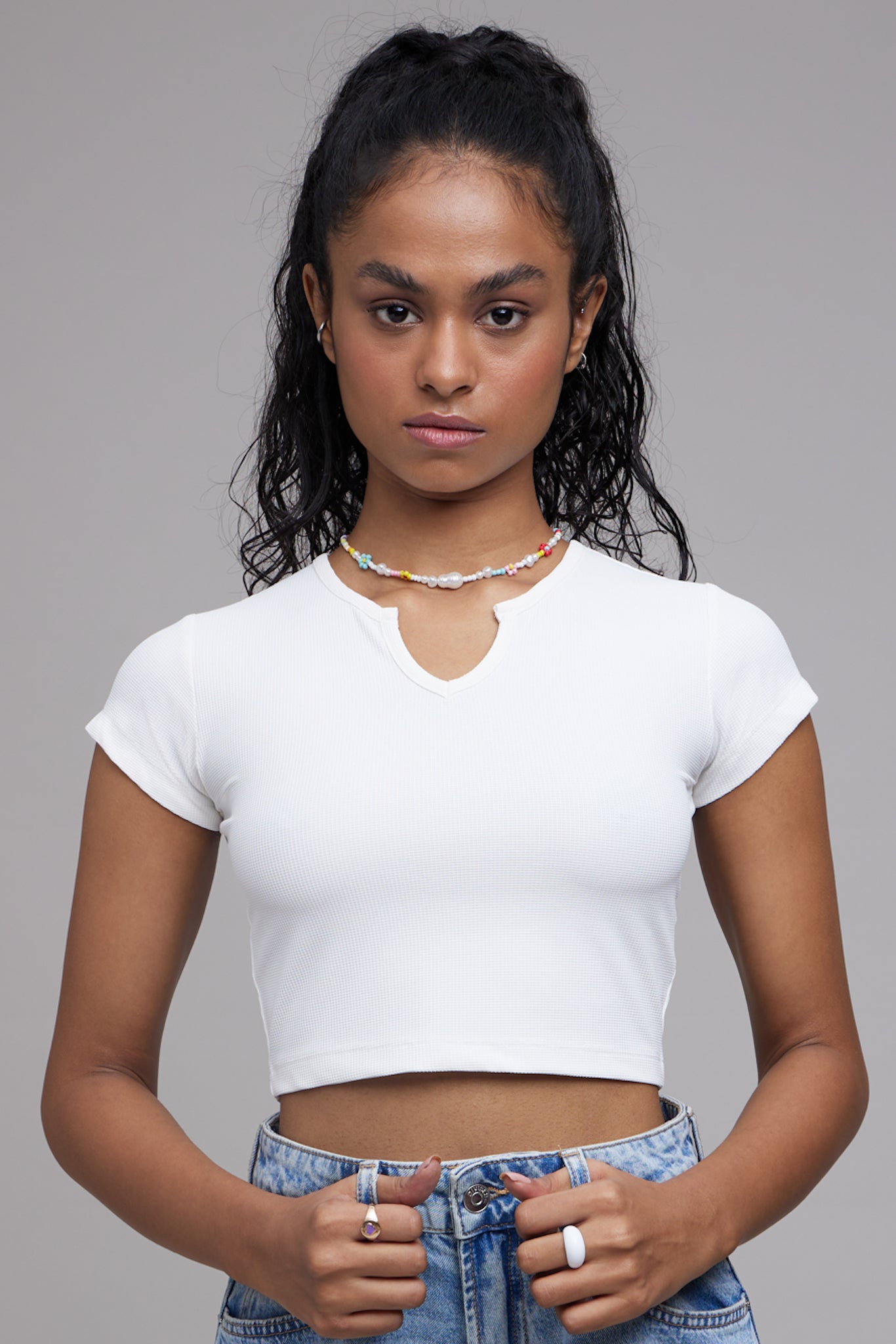 Waffle Sleeves Crop Top in Snow White - Life & Jam